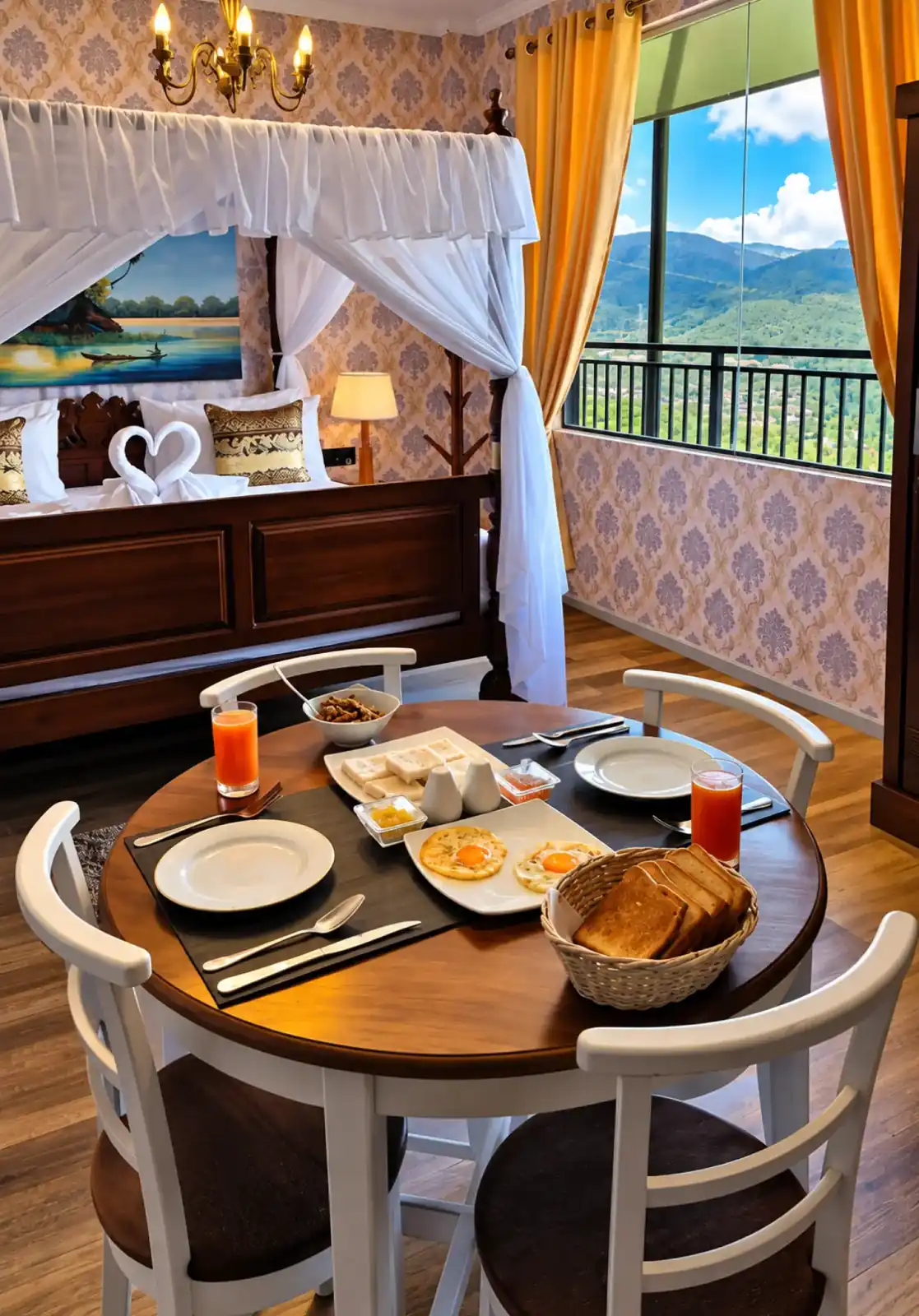 Breakfast table prepared beside a guest room window with a mountain view